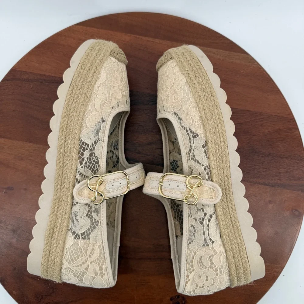 Sam & Libby Mary Jane Espadrille‎ Women Beige Floral Lace Platform Shoes 10